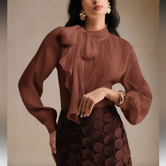 Elegant Brown Tie Neck Blouse - Picture 1 of 7